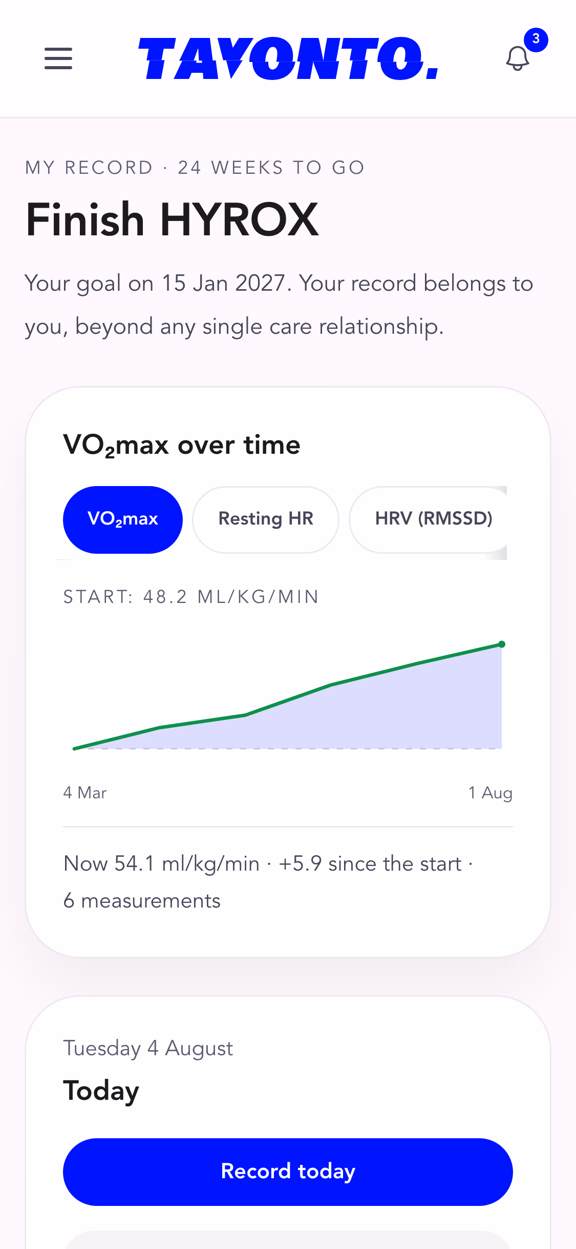 The "My record" home screen: a goal with the time remaining, below it the VO₂max trend across five months and a timeline of reached and planned milestones.