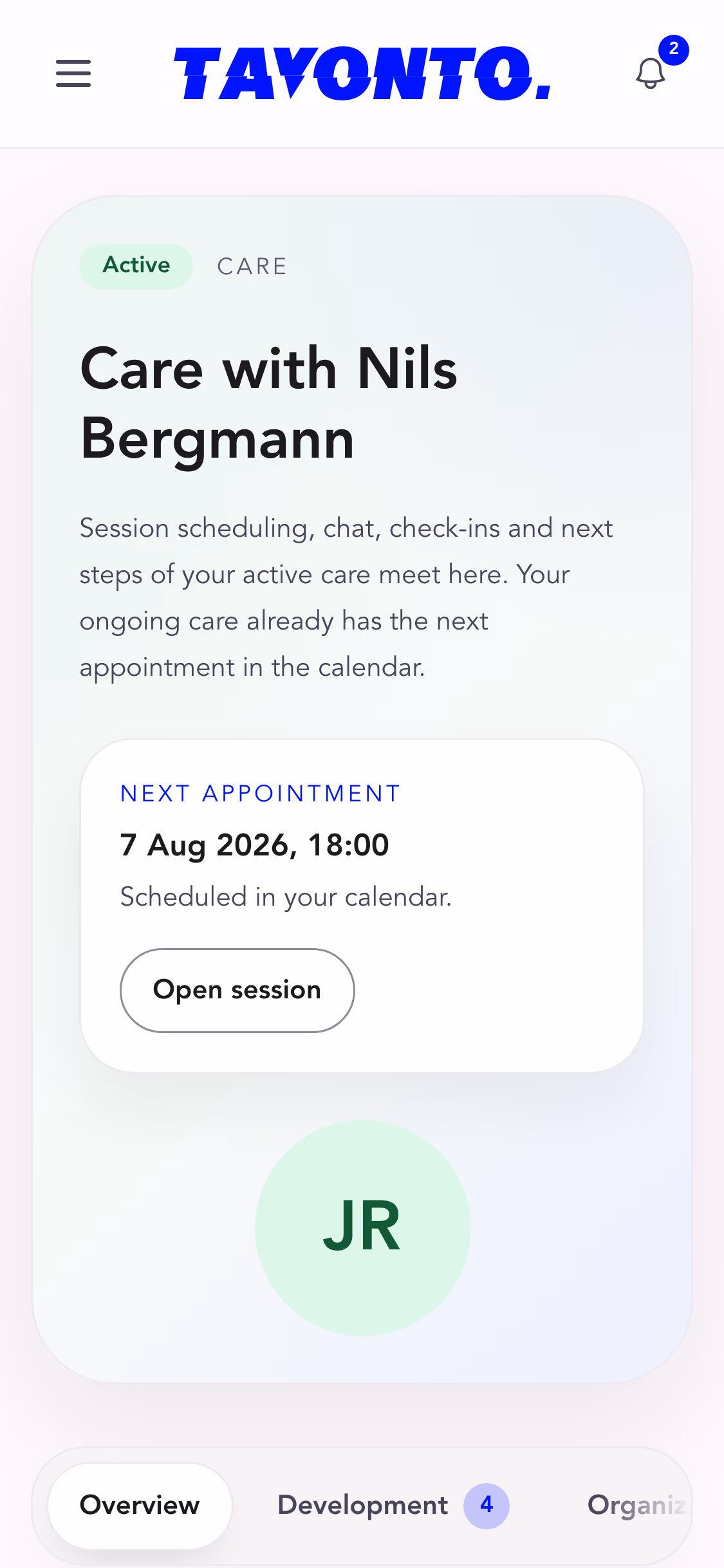 An athlete's care space: the active care relationship with the expert's name and the next appointment at the top, below it the care chat and the areas overview, development and organisation.