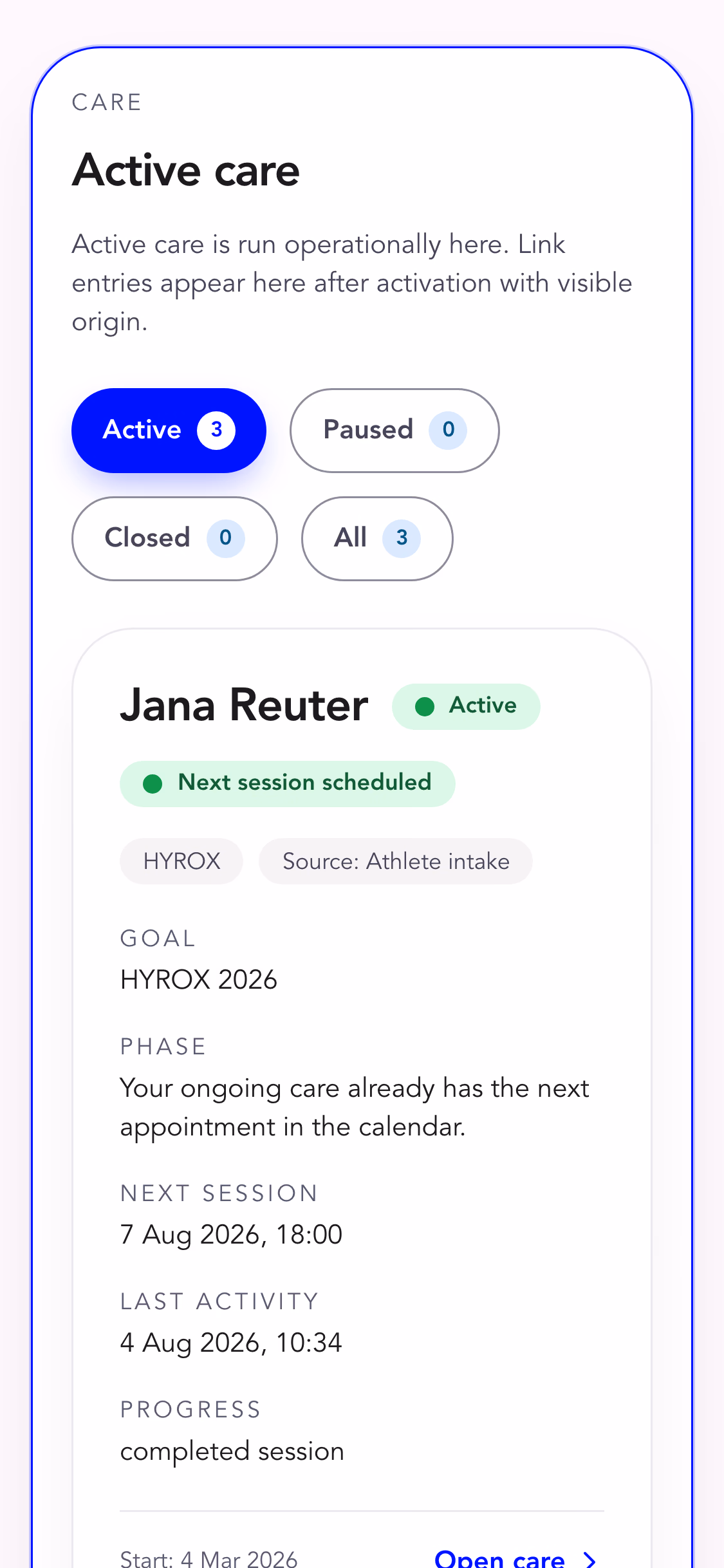 A professional's care overview: active care relationships with goal, phase, next session, last activity and progress, plus filters for active, paused and closed.