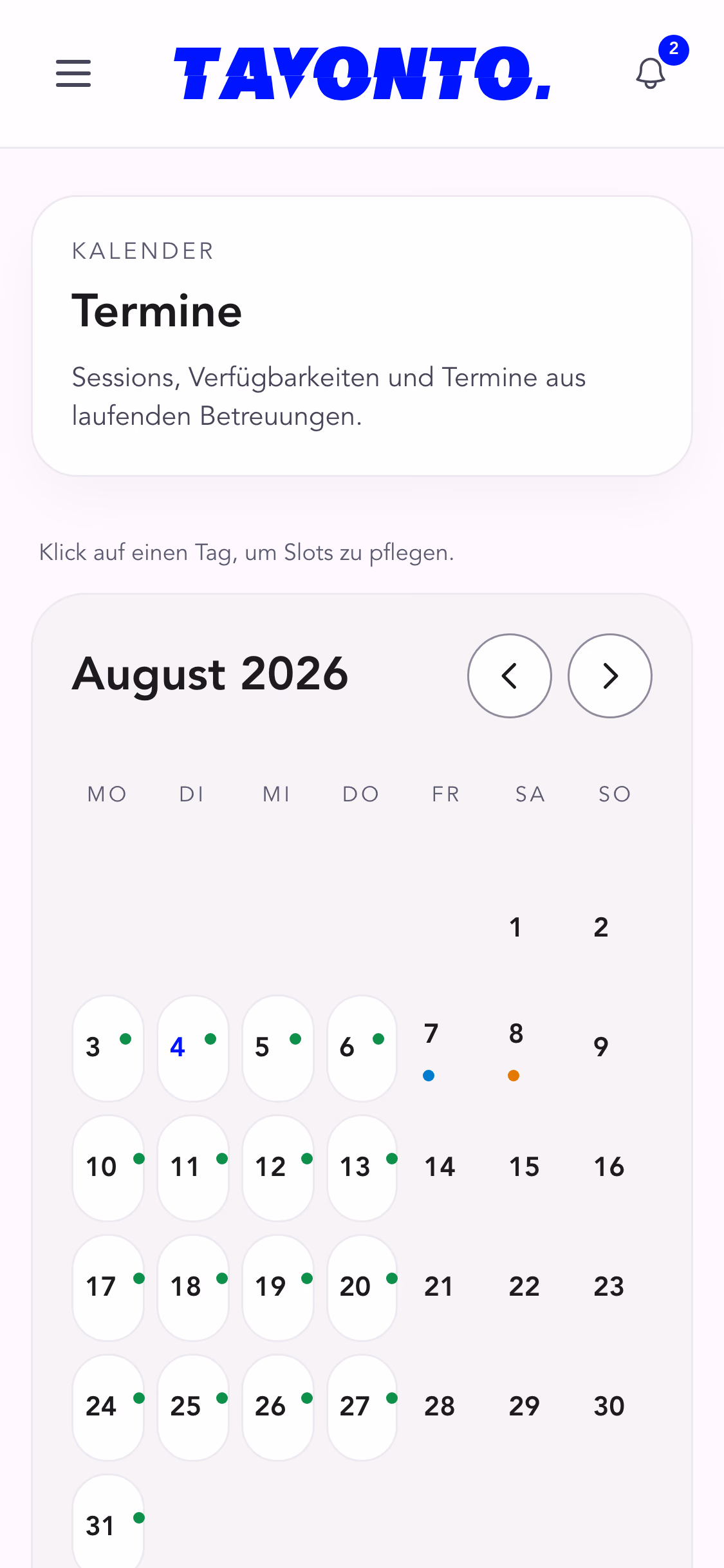 Der Terminkalender einer Fachperson: ein Monatsraster mit Sessions, Meilensteinen und Verfügbarkeiten, daneben die kommenden Sessions aus laufenden Betreuungen.