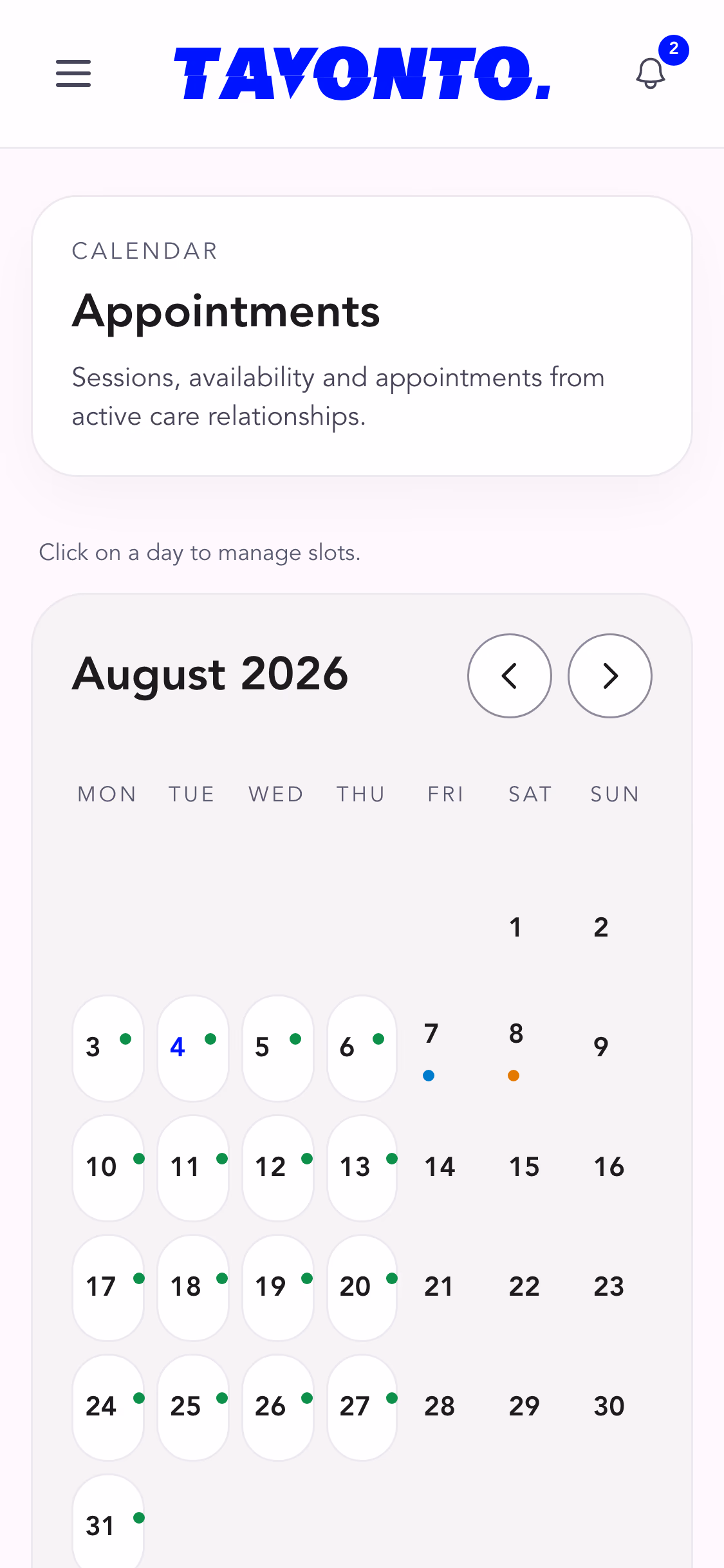A professional's calendar: a month grid with sessions, milestones and availability, next to the upcoming sessions from active care relationships.