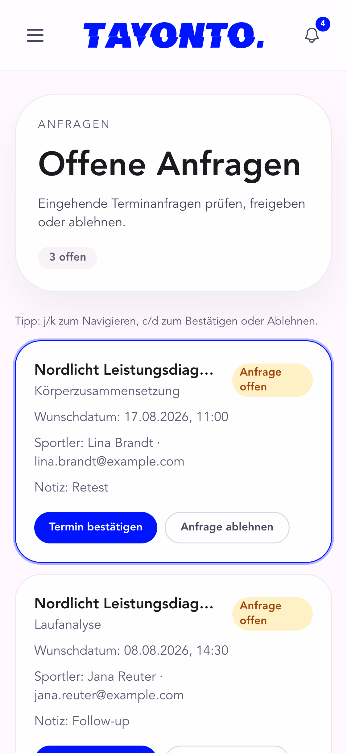 Die Anfragenliste eines Standorts: offene Terminanfragen mit Leistung, Wunschdatum, Sportler und Notiz, jeweils mit Schaltflächen zum Bestätigen oder Ablehnen.