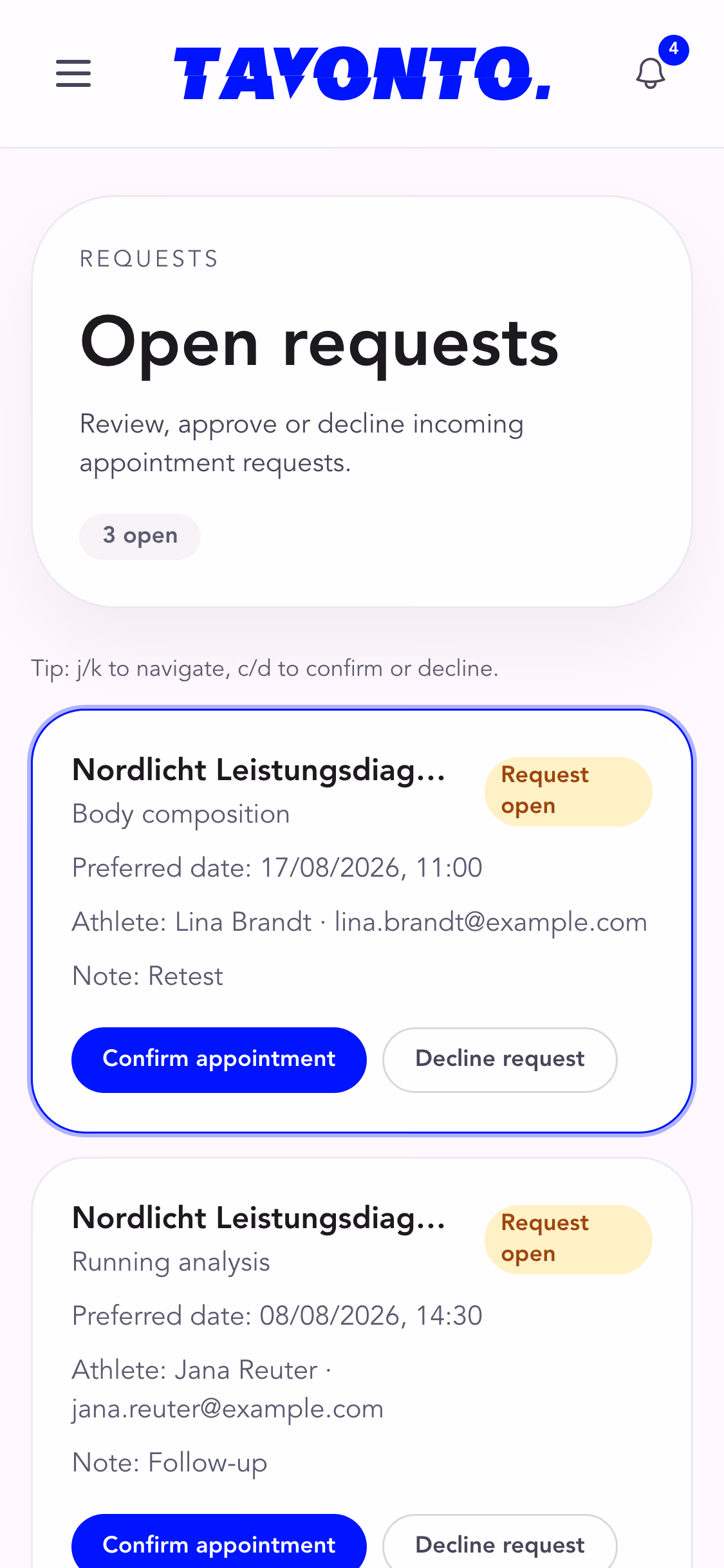 A location's request list: open appointment requests with service, preferred date, athlete and note, each with buttons to confirm or decline.
