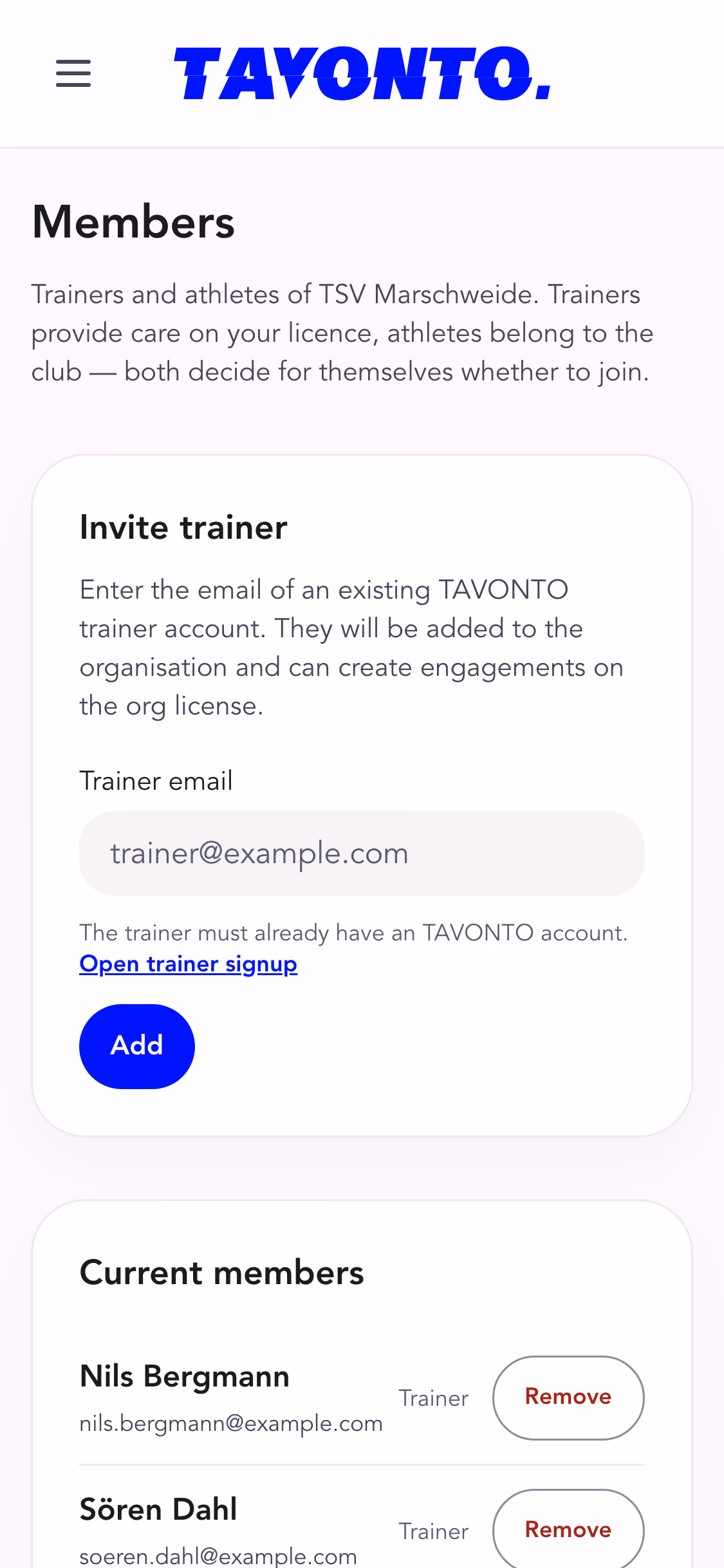 An organisation's member management: an invitation field for a trainer's email address and the list of current members with their role.